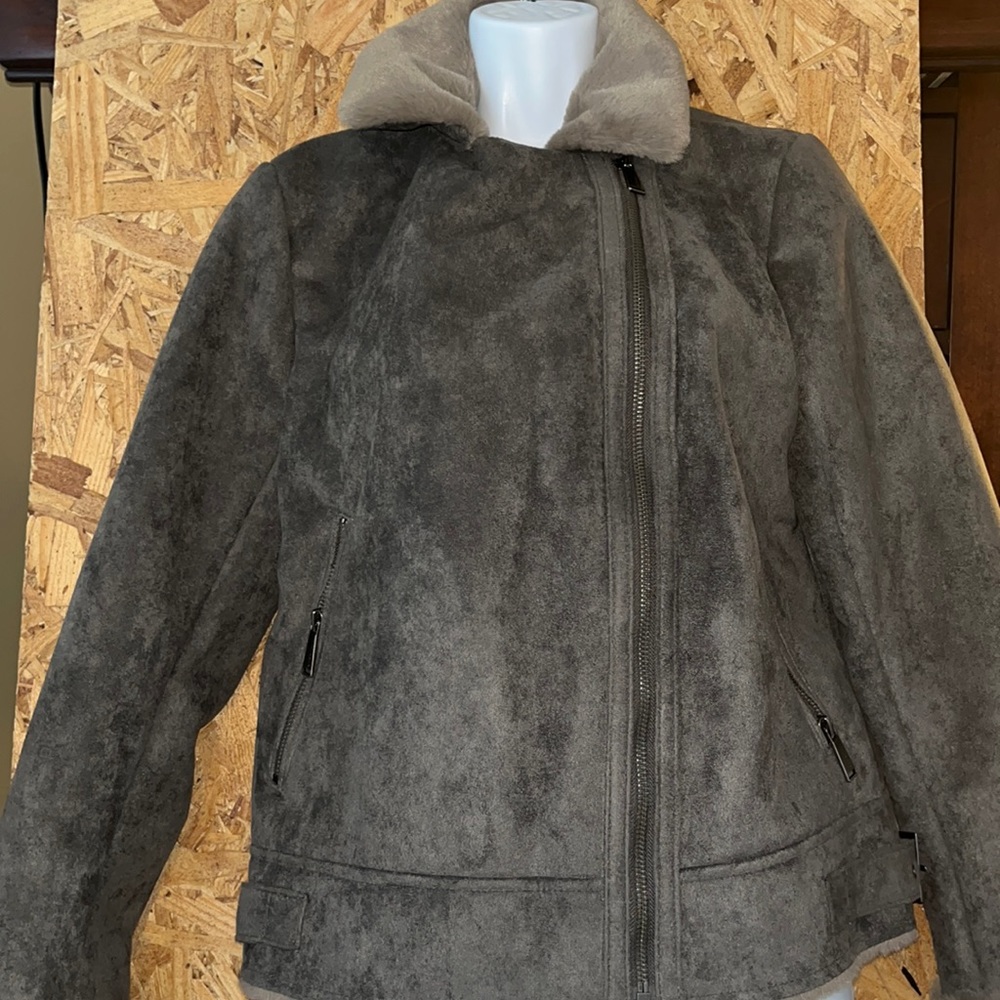 Brand new!!! Womens BCBG suede gray plush jacket! Size medium
